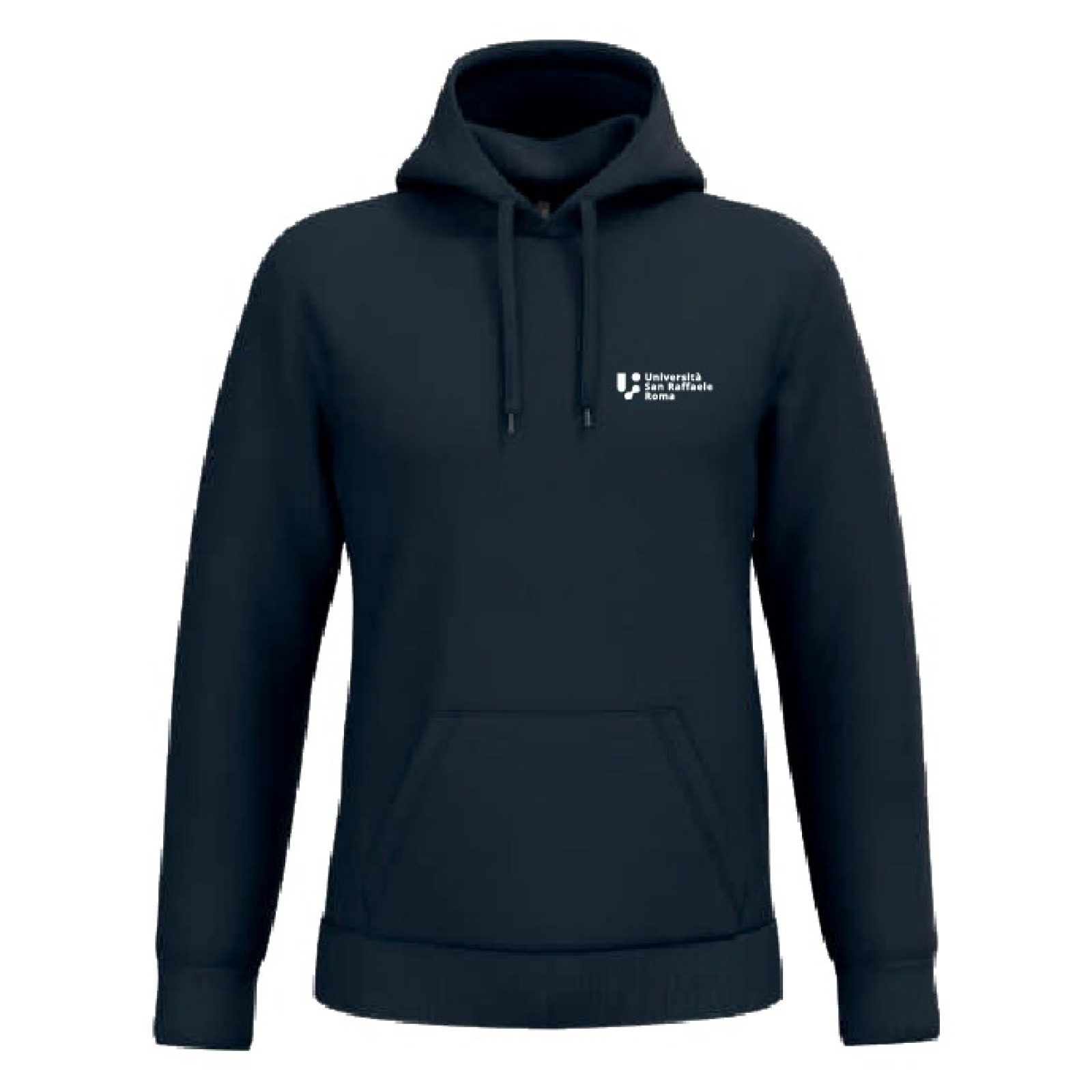 Felpa con cappuccio uomo blu navy con logo Università San Raffaele Roma, vista frontale