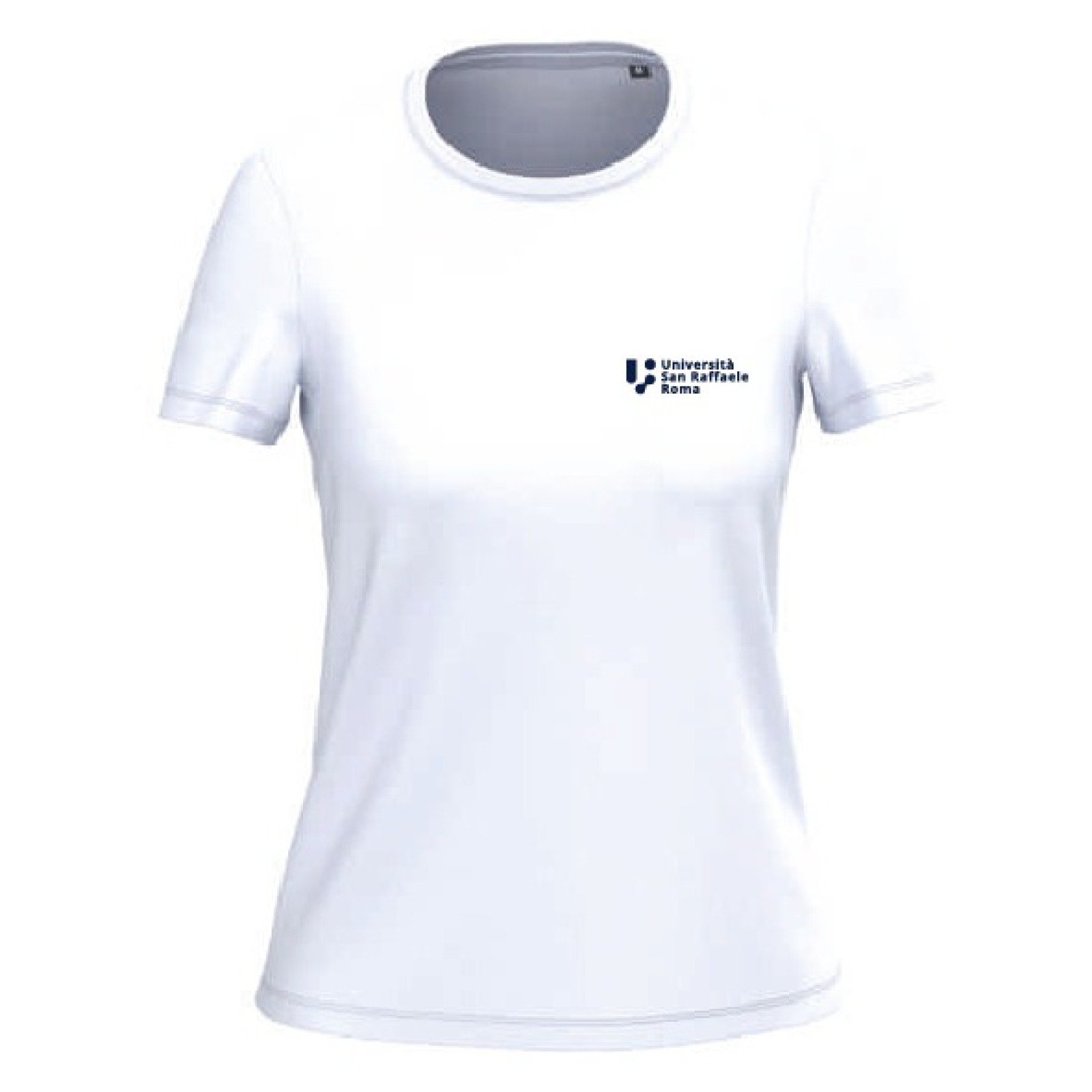 T-shirt donna bianca con logo Università San Raffaele Roma, vista frontale