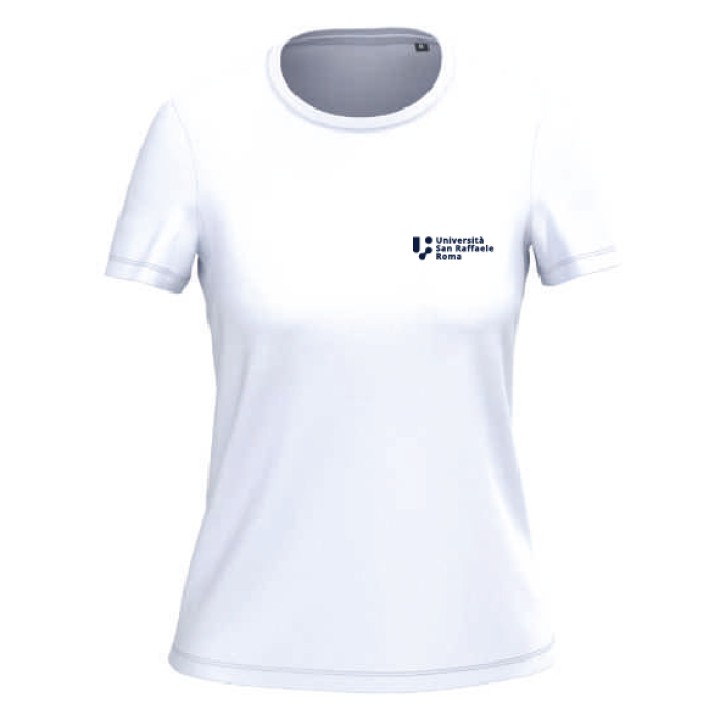 T-shirt donna bianca con logo Università San Raffaele Roma, vista frontale