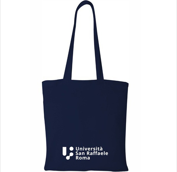 Navy blue cotton tote bag with Università San Raffaele Roma logo, front view