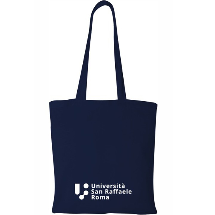 Shopper in cotone blu navy con logo Università San Raffaele Roma, vista frontale