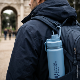 550 ml light blue insulated bottle clipped to a backpack — lifestyle photo