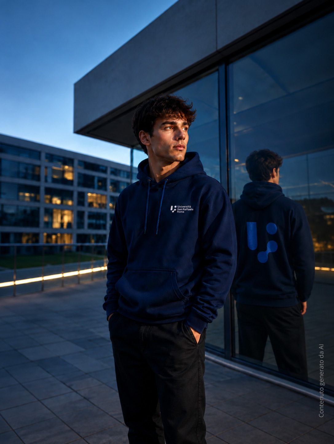 Felpa con cappuccio uomo blu navy indossata a figura intera
