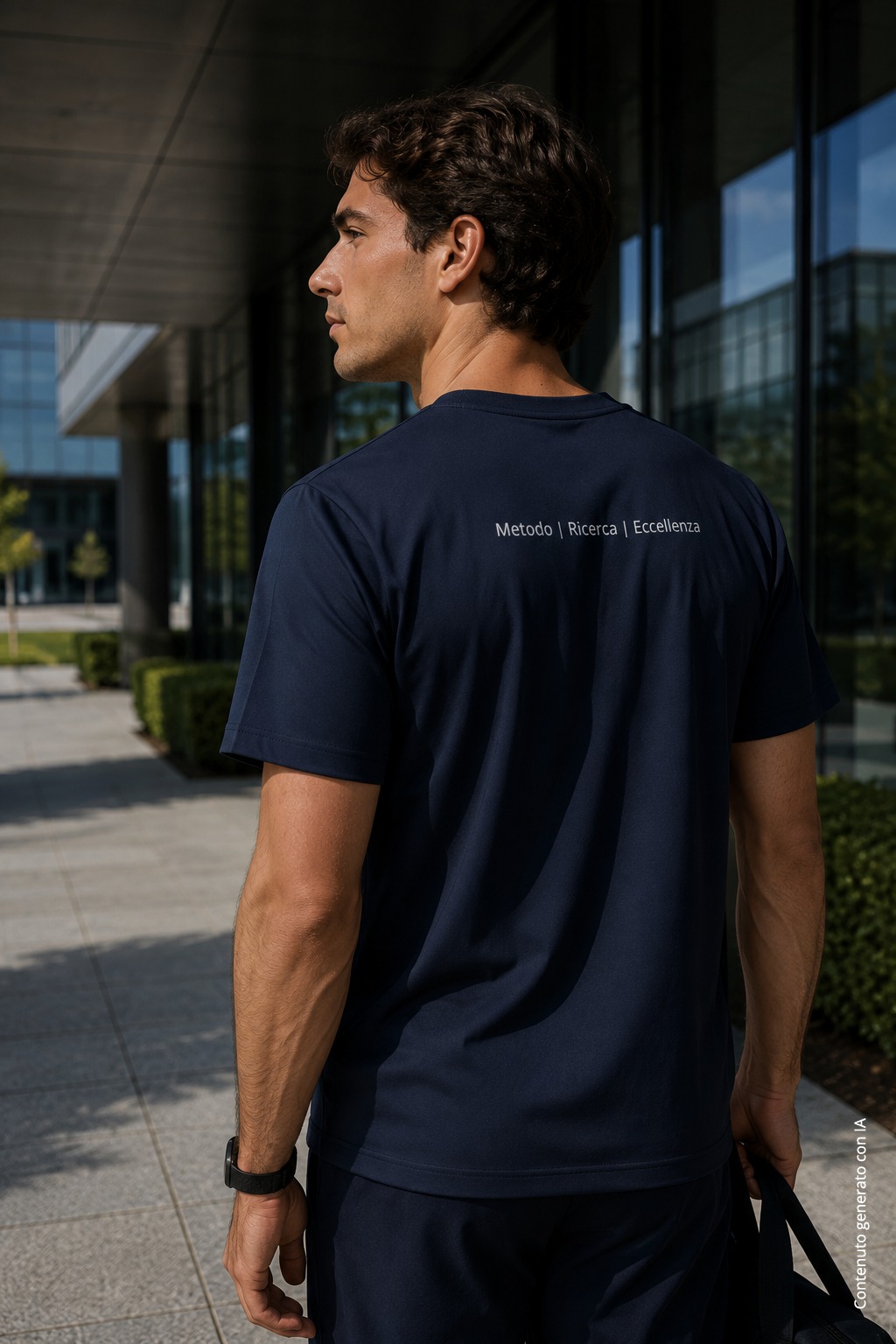 T-shirt uomo blu navy indossata, la scritta «Metodo | Ricerca | Eccellenza» sulla schiena