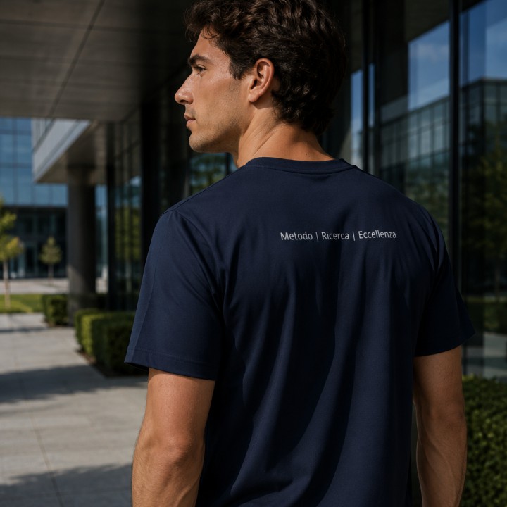 T-shirt uomo blu navy indossata, la scritta «Metodo | Ricerca | Eccellenza» sulla schiena