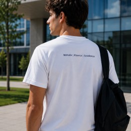 T-shirt uomo bianca indossata, la scritta «Metodo | Ricerca | Eccellenza» sulla schiena — foto alternativa