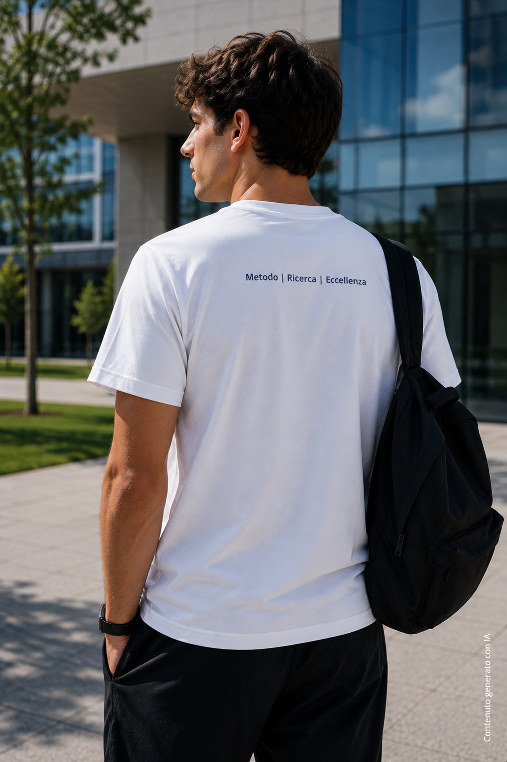 T-shirt uomo bianca indossata, la scritta «Metodo | Ricerca | Eccellenza» sulla schiena — foto alternativa