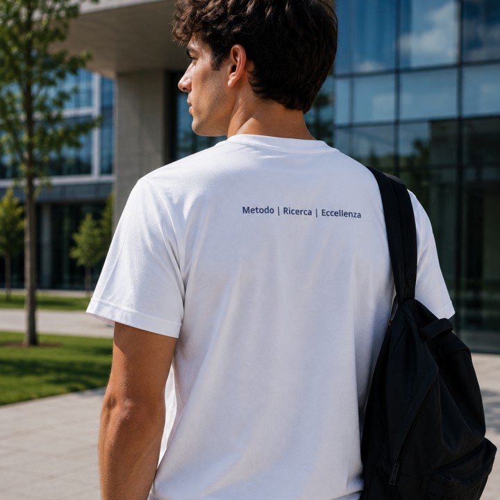 Men's white T-shirt worn, the "Metodo | Ricerca | Eccellenza" line on the back — alternate photo