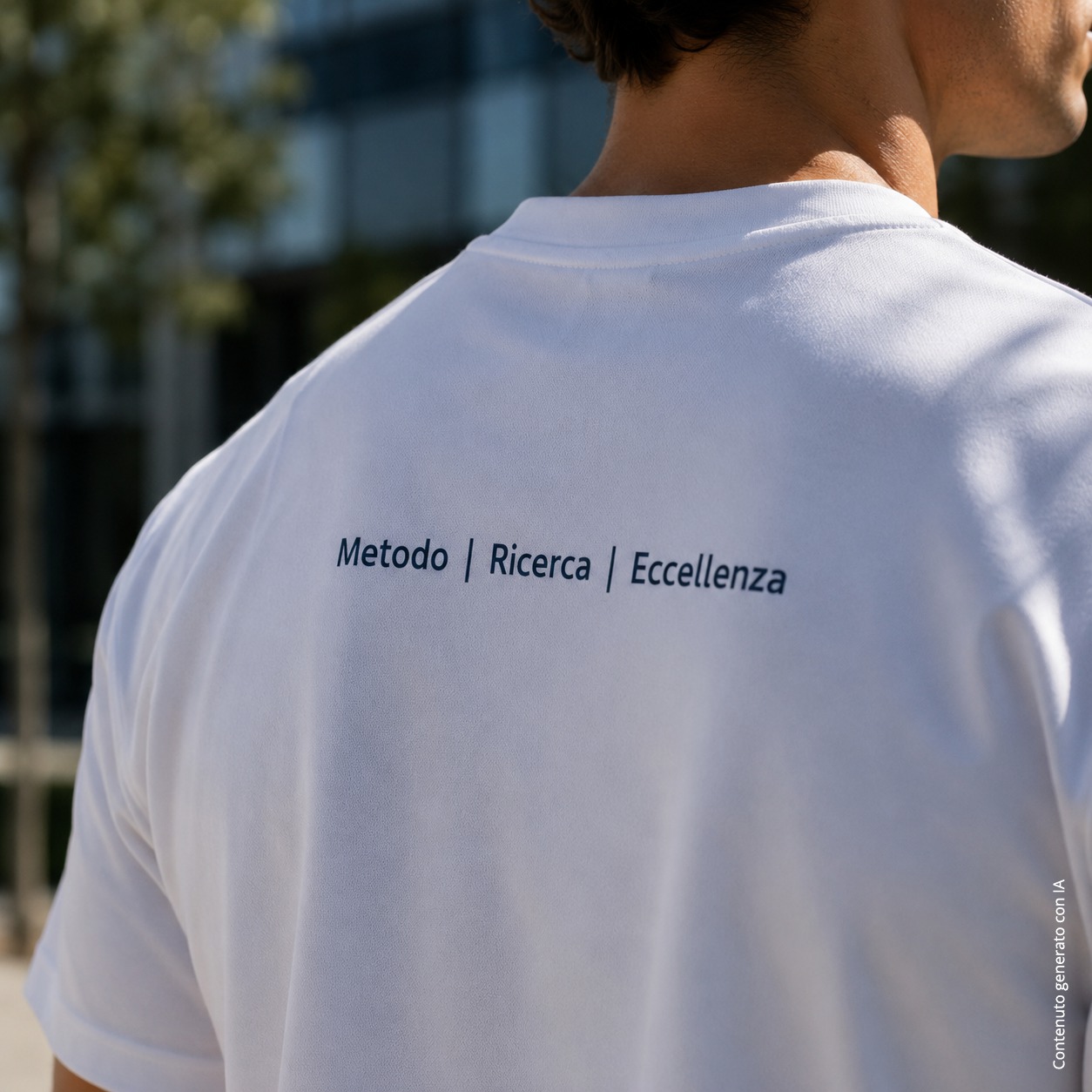 T-shirt uomo bianca, dettaglio della scritta stampata sulla schiena