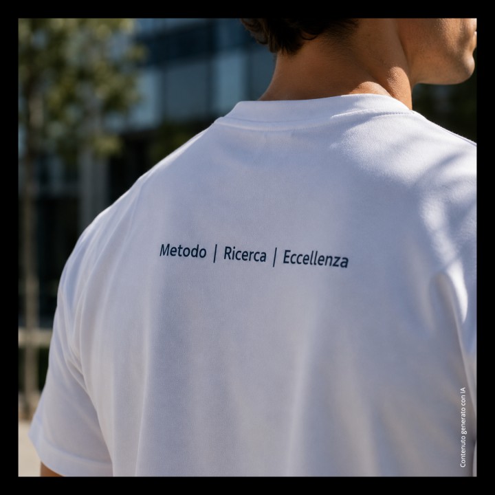 T-shirt uomo bianca, dettaglio della scritta stampata sulla schiena