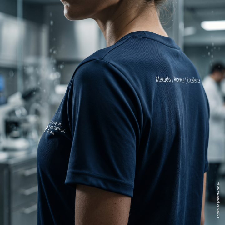 T-shirt donna blu navy indossata, spalla e scritta sulla schiena — foto alternativa
