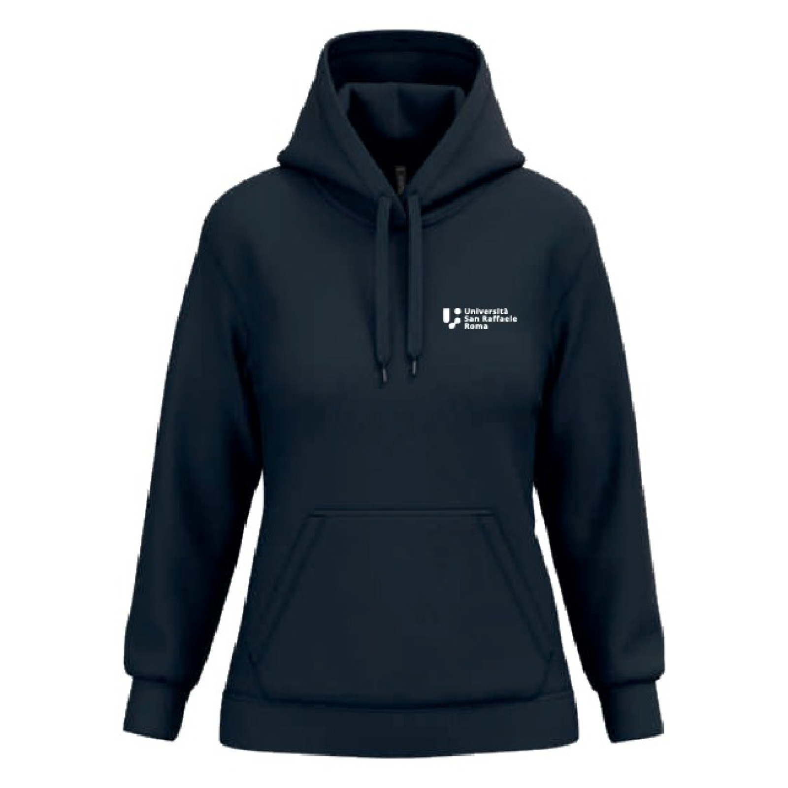 Felpa con cappuccio donna blu navy con logo Università San Raffaele Roma, vista frontale