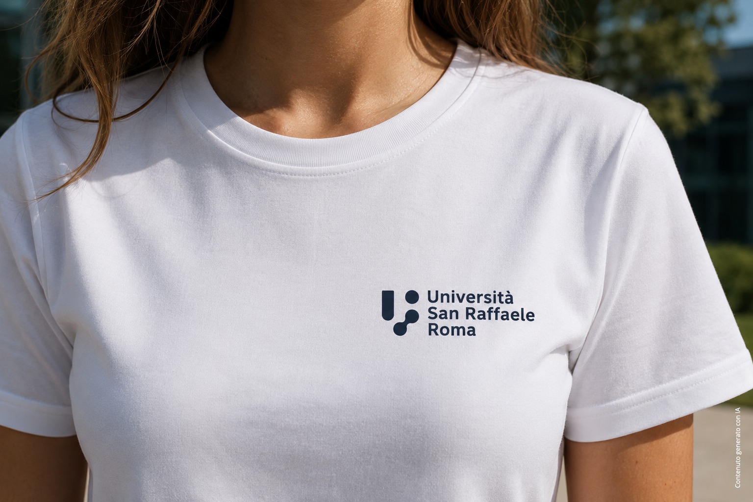 Women's white T-shirt worn, close-up of the chest logo