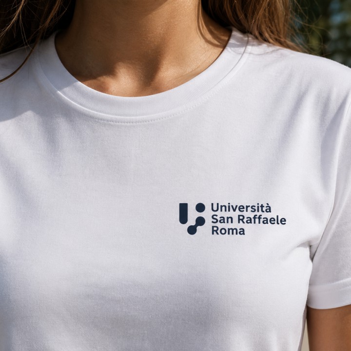 Women's white T-shirt worn, close-up of the chest logo