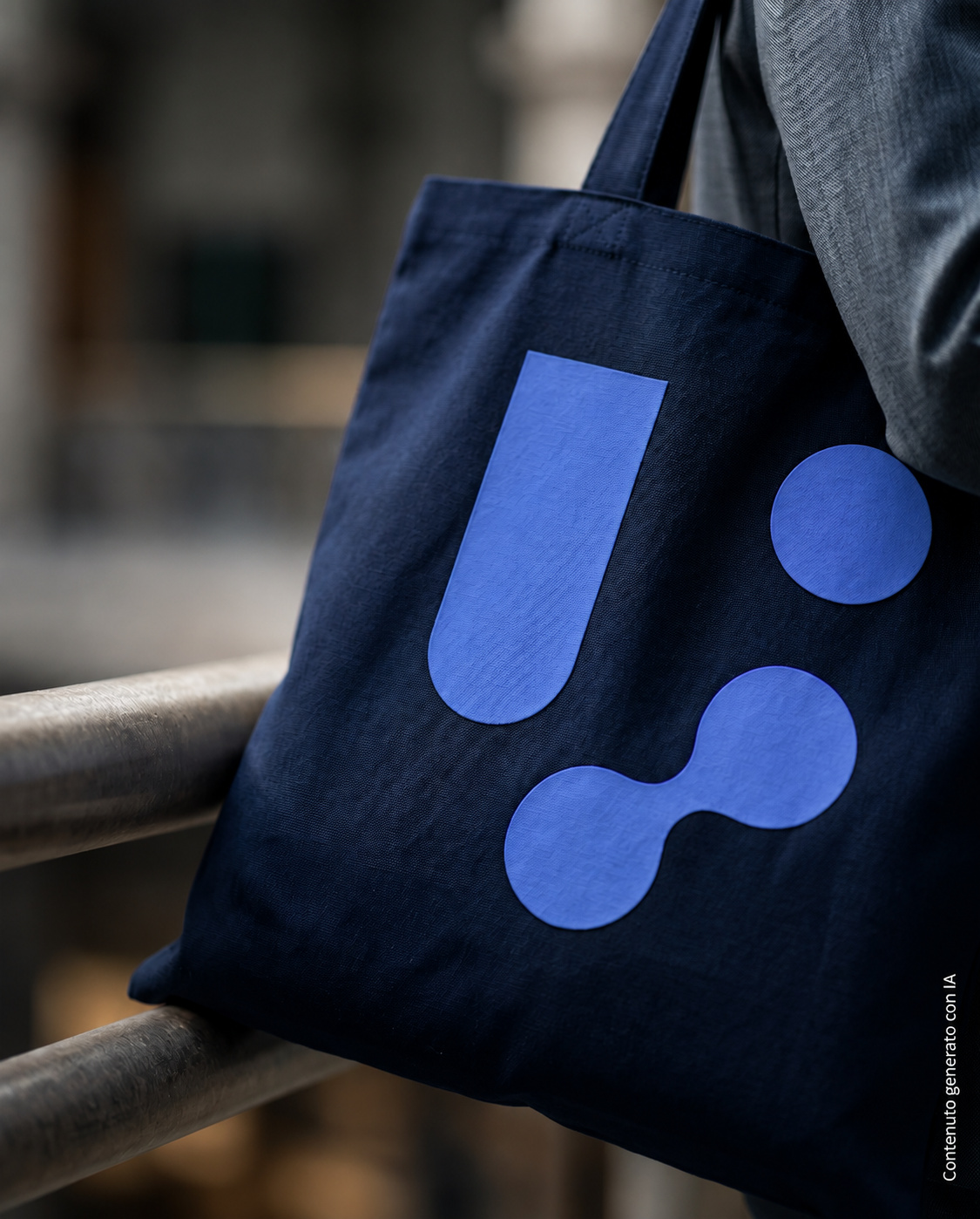 Shopper in cotone blu navy, il logo grande stampato sul fronte — foto ambientata