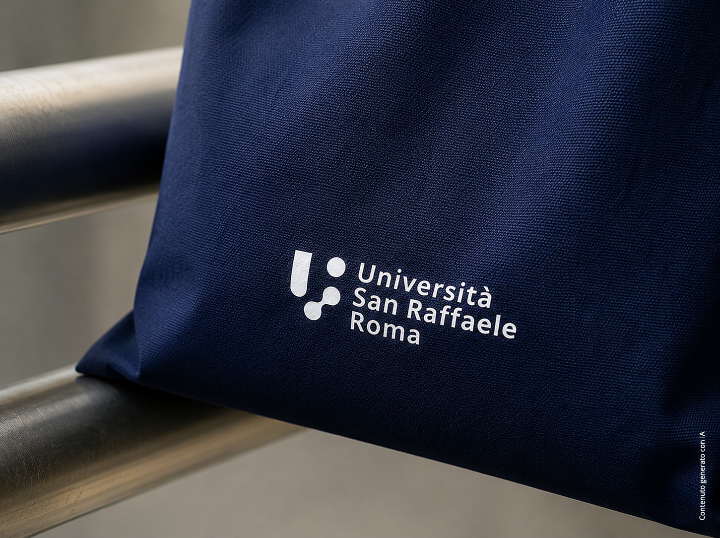 Shopper in cotone blu navy, dettaglio del marchio dell'Ateneo sul tessuto — foto alternativa