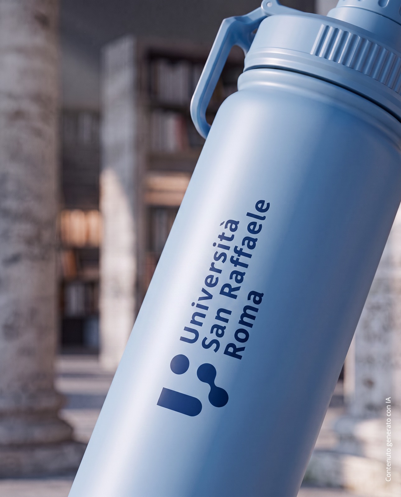 550 ml light blue insulated bottle, close-up of the University mark — alternate photo