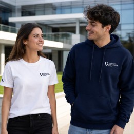 The bundle worn: white T-shirt with the chest logo and navy blue hooded sweatshirt