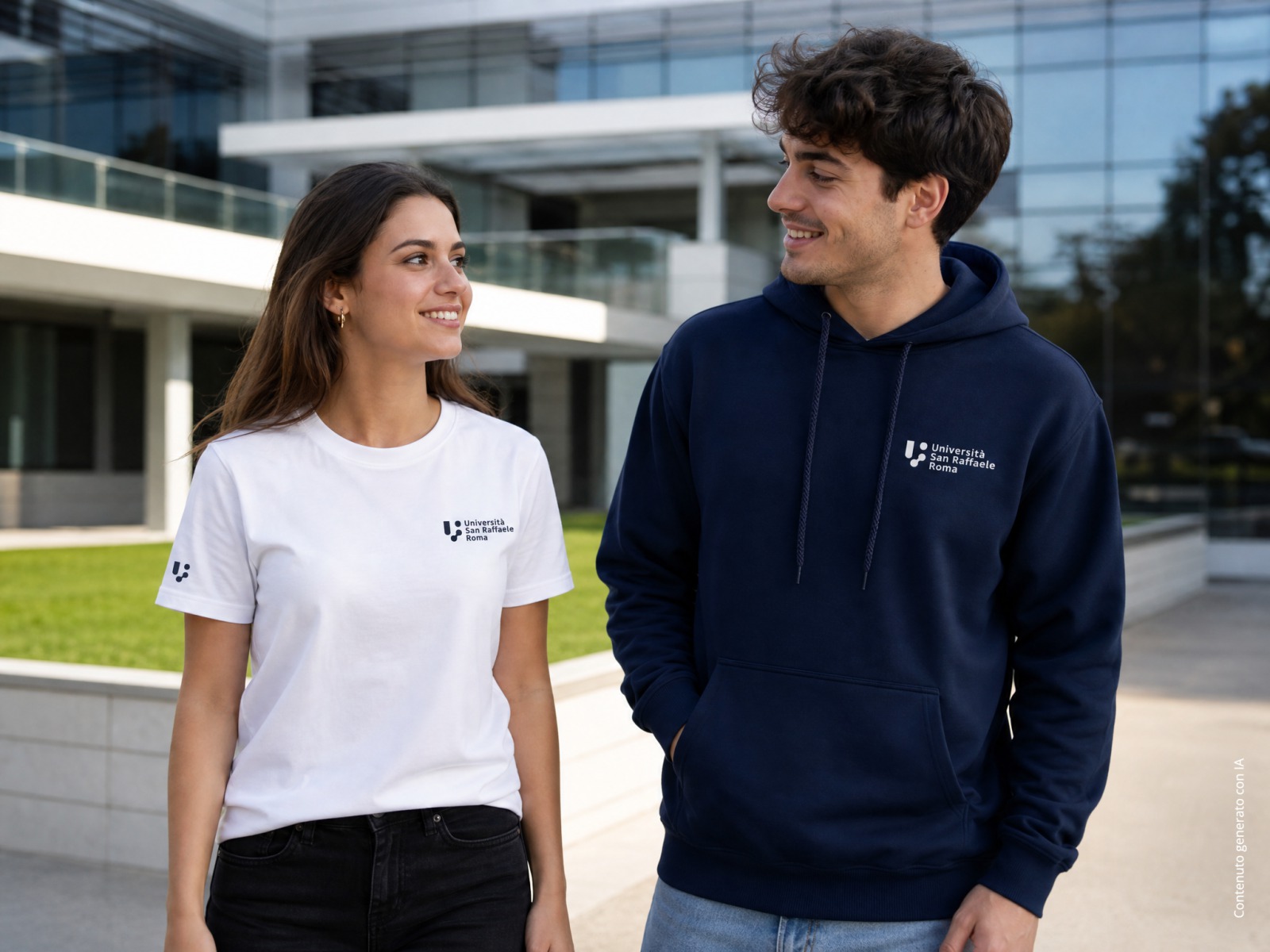 Il kit indossato: t-shirt bianca con il logo sul petto e felpa con cappuccio blu navy