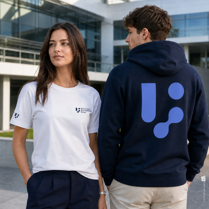Il kit di spalle: il marchio grande dell'Ateneo stampato sulla schiena della felpa