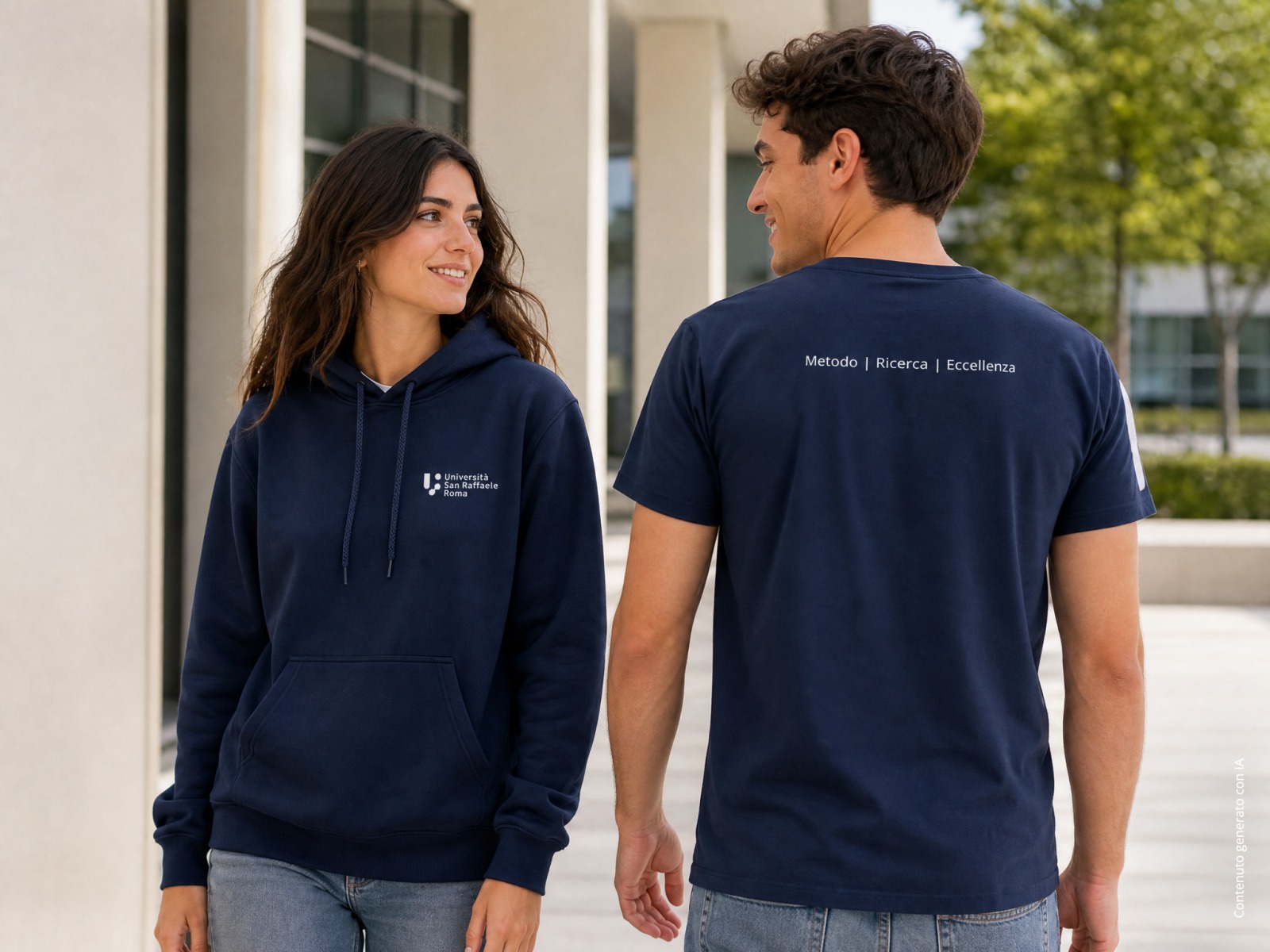 Il kit in blu navy: felpa con cappuccio e t-shirt con la scritta «Metodo | Ricerca | Eccellenza» sulla schiena
