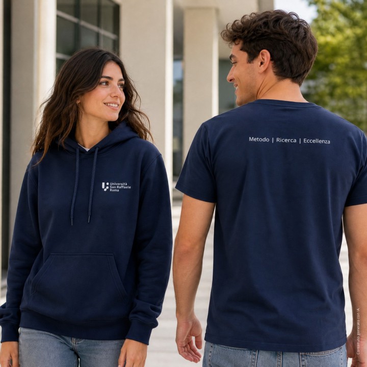 Il kit in blu navy: felpa con cappuccio e t-shirt con la scritta «Metodo | Ricerca | Eccellenza» sulla schiena