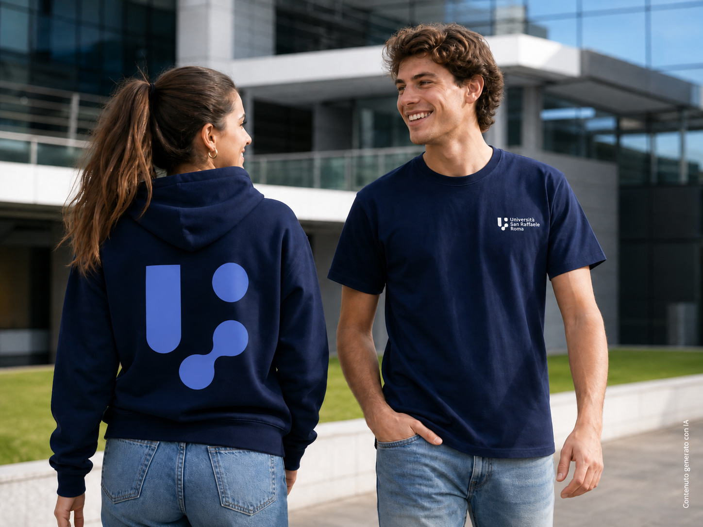 Il kit in blu navy: t-shirt con il logo sul petto e felpa di spalle con il marchio grande