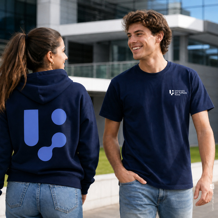 Il kit in blu navy: t-shirt con il logo sul petto e felpa di spalle con il marchio grande