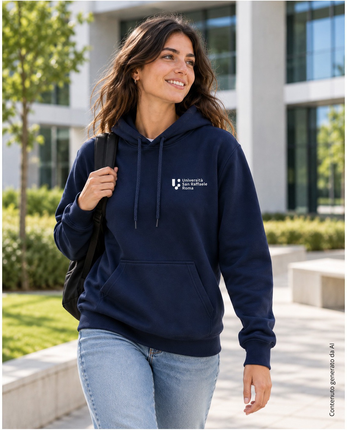 Felpa con cappuccio donna blu navy indossata, il logo stampato sul petto — foto ambientata