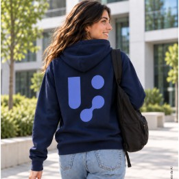 Felpa con cappuccio donna blu navy indossata, il logo grande stampato sulla schiena — foto alternativa