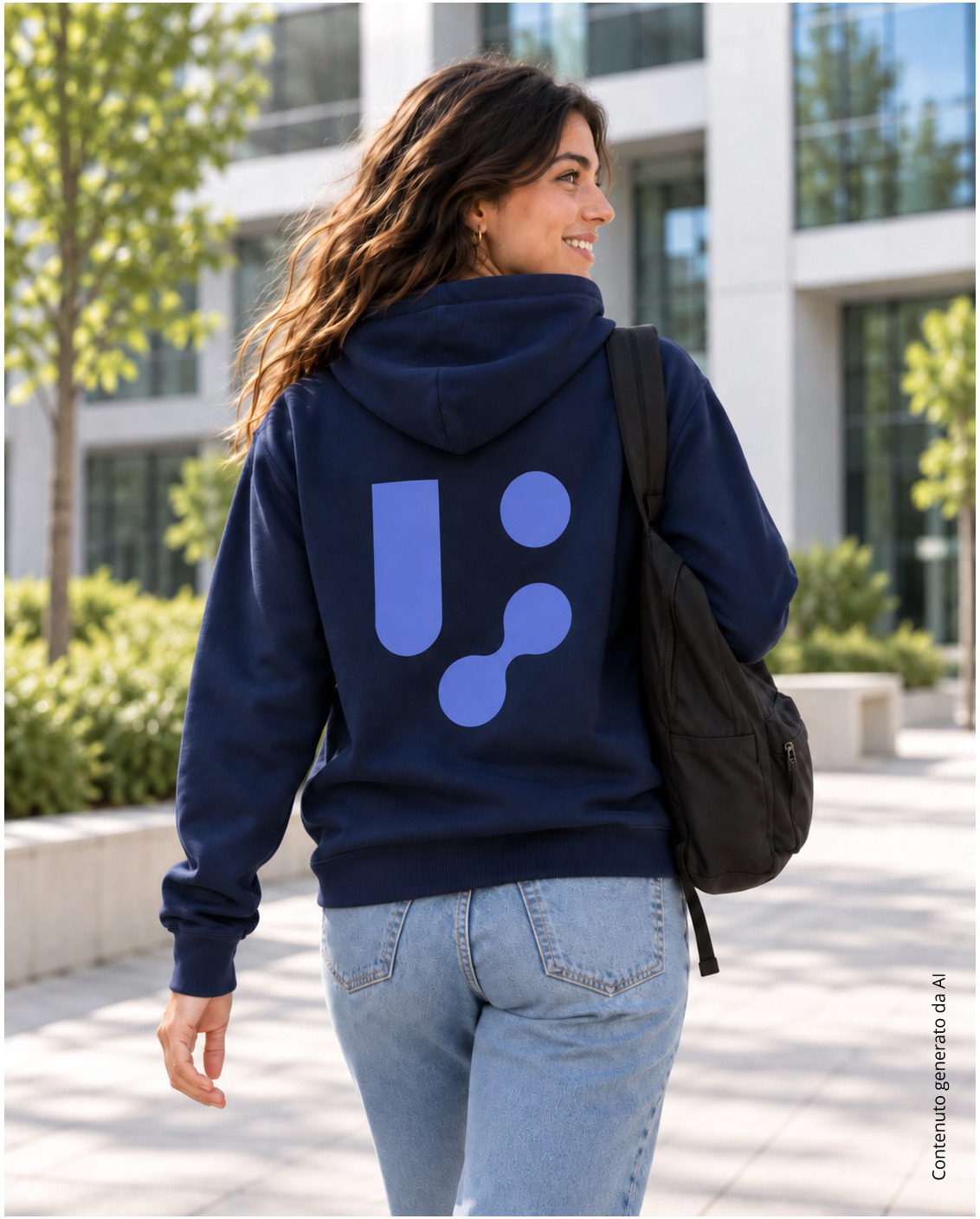 Felpa con cappuccio donna blu navy indossata, il logo grande stampato sulla schiena — foto alternativa