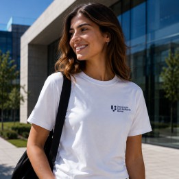 T-shirt donna bianca indossata, il logo stampato sul petto — foto ambientata