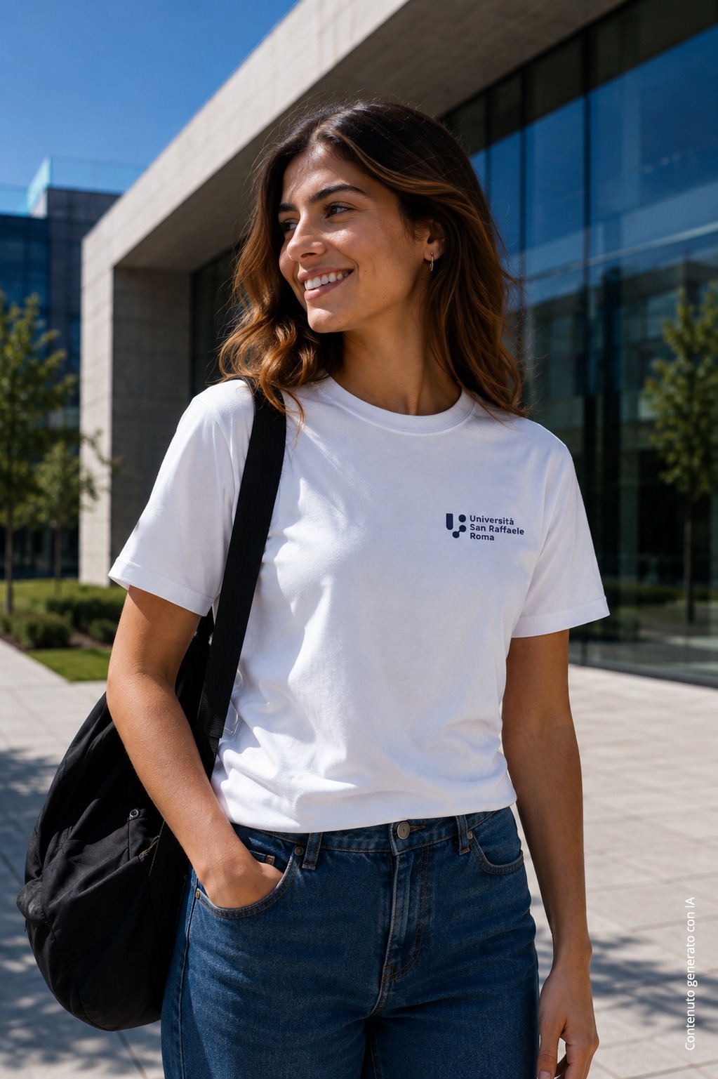 T-shirt donna bianca indossata, il logo stampato sul petto — foto ambientata
