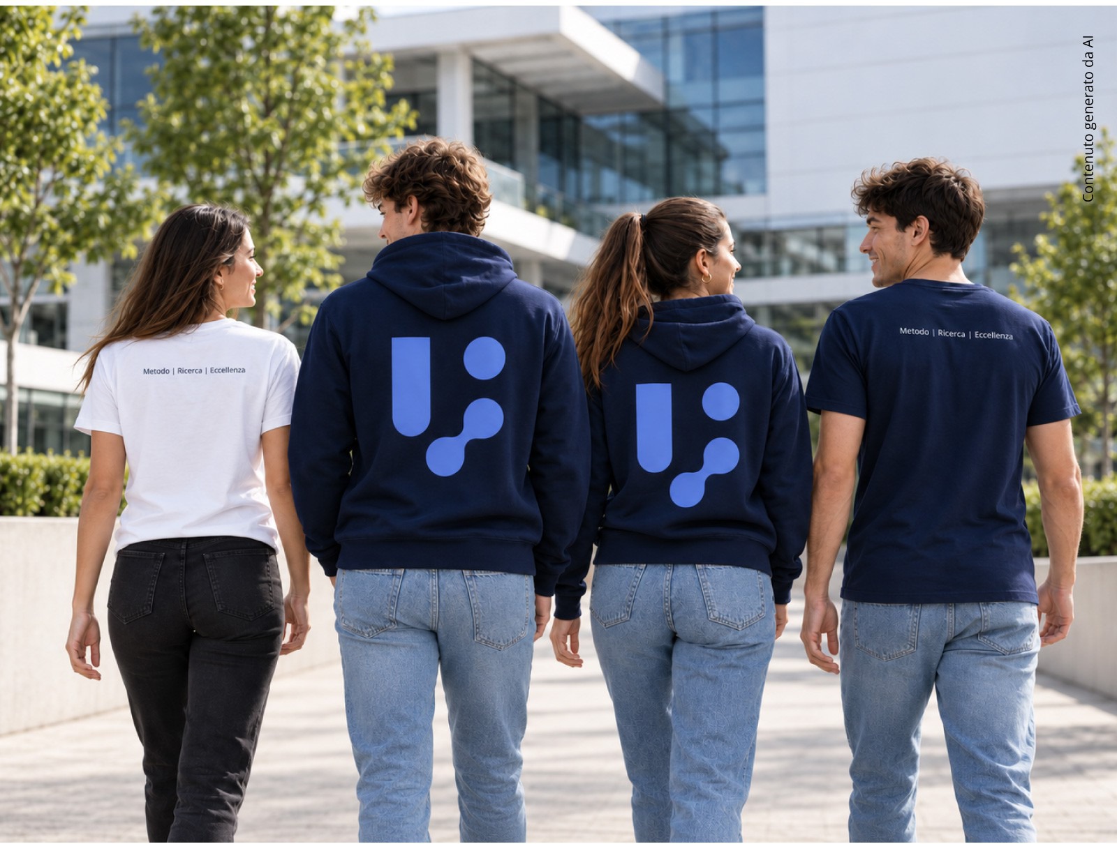 Il kit indossato in quattro: felpe e t-shirt con il marchio dell'Ateneo