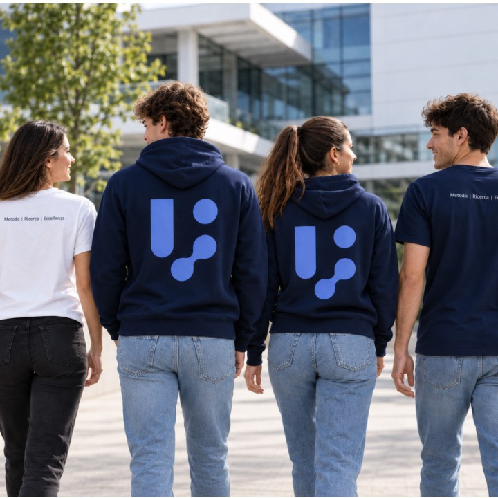 Il kit indossato in quattro: felpe e t-shirt con il marchio dell'Ateneo