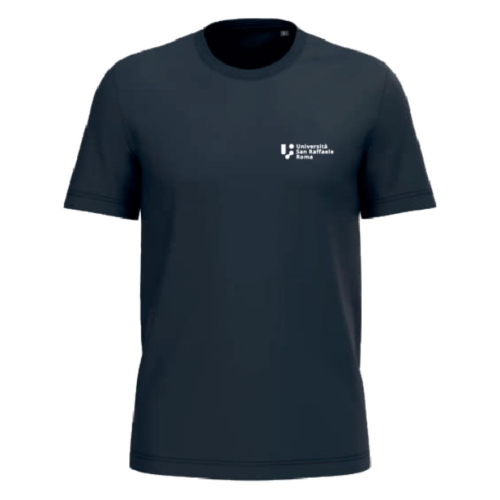 T-shirt uomo blu navy con logo Università San Raffaele Roma, vista frontale