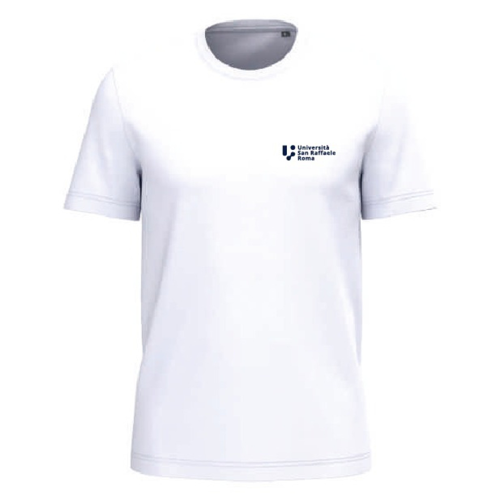 T-shirt uomo bianca con logo Università San Raffaele Roma, vista frontale