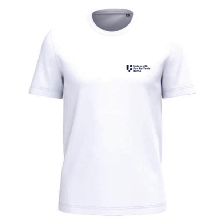 T-shirt uomo bianca con logo Università San Raffaele Roma, vista frontale