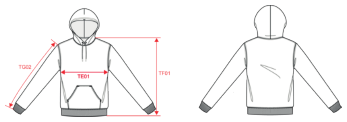 Felpa con cappuccio donna, disegno tecnico di fronte e di spalle: le frecce mostrano dove si prendono le misure TE01, TF01, TG02.