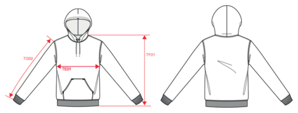 Felpa con cappuccio uomo, disegno tecnico di fronte e di spalle: le frecce mostrano dove si prendono le misure TE01, TF01, TG02.