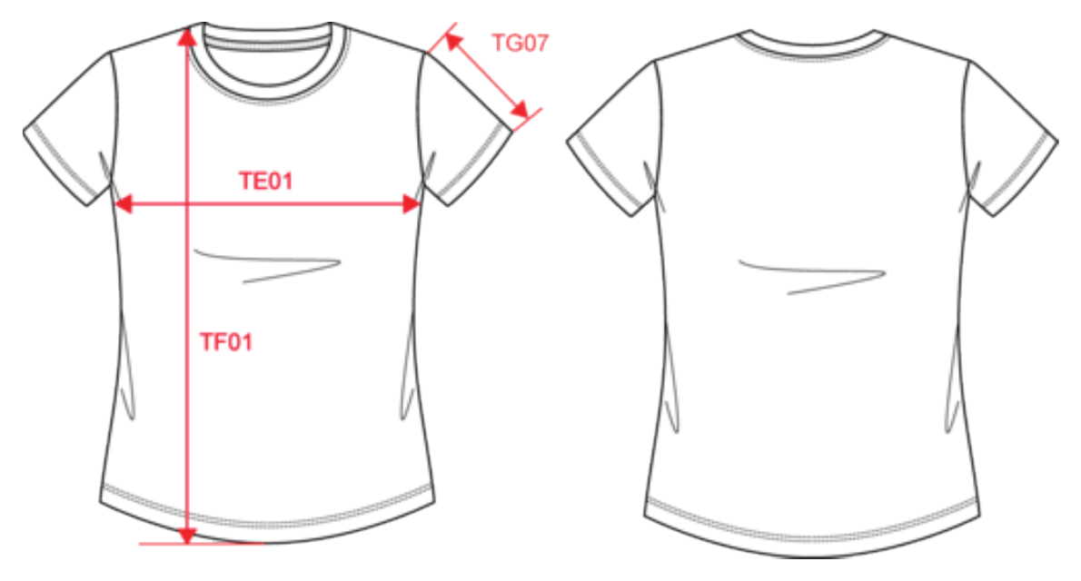 T-shirt donna, disegno tecnico di fronte e di spalle: le frecce mostrano dove si prendono le misure TE01, TF03, TG07.