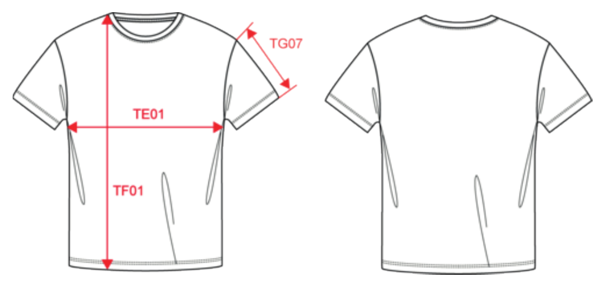 T-shirt uomo, disegno tecnico di fronte e di spalle: le frecce mostrano dove si prendono le misure TE01, TF01, TG07.